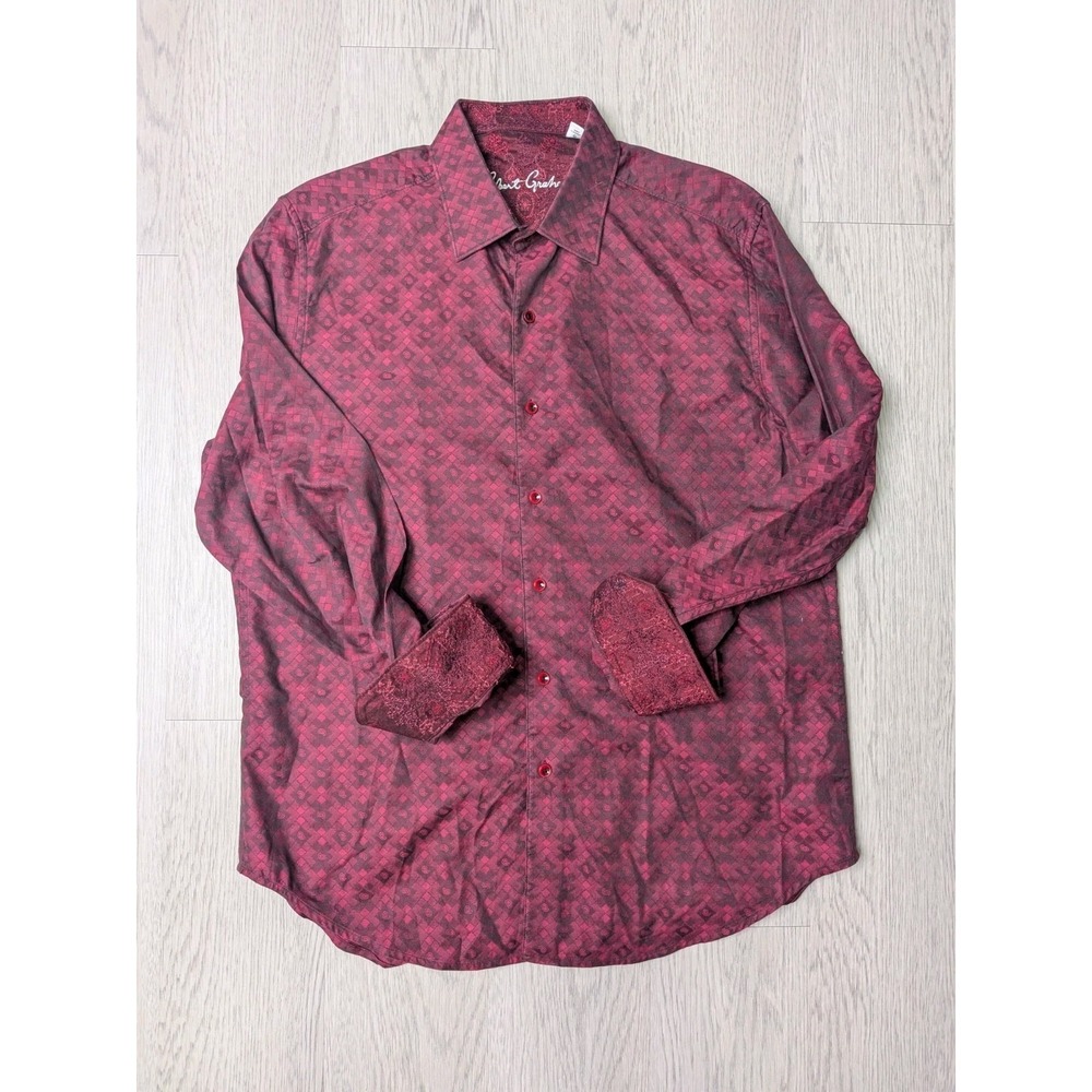Robert Graham Men's L Button-Up Embroidered Flip Cuff Maroon/Red